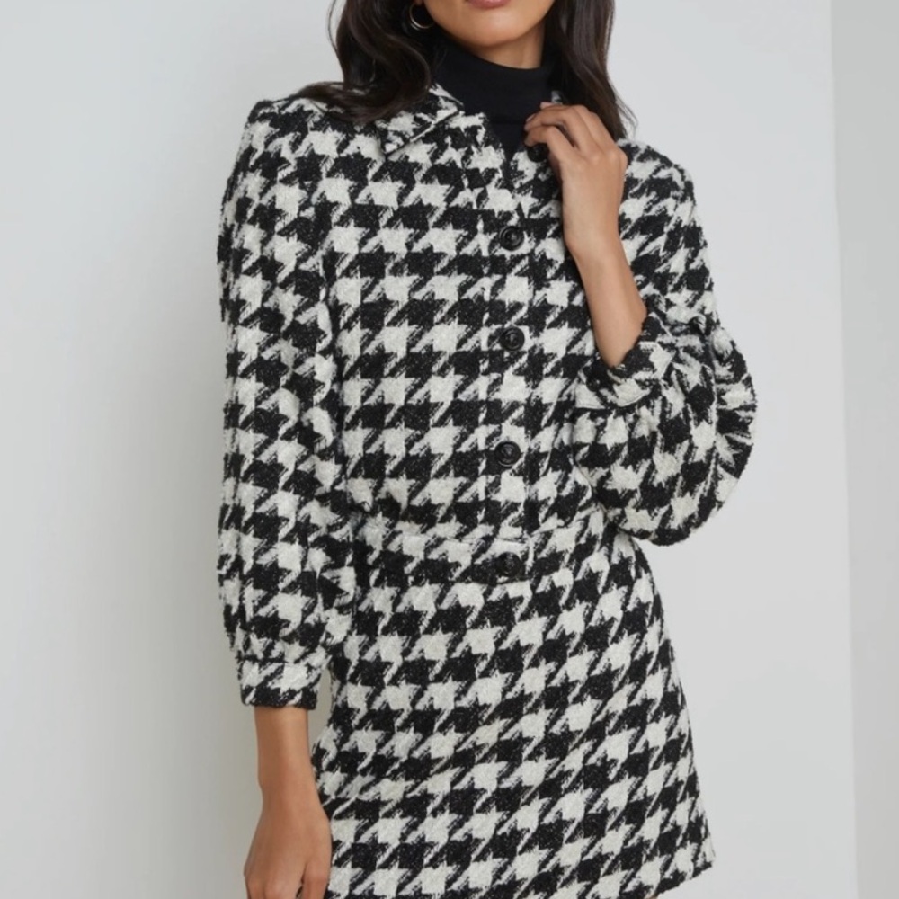 L’Agence Bridges Crop Metallic Woven Black White Houndstooth Blazer Jacket 8